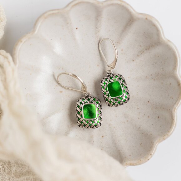 Recycled Vintage 1960's Green Beer Bottle Sterling Quilted Square Earrings - Picture 3 of 6